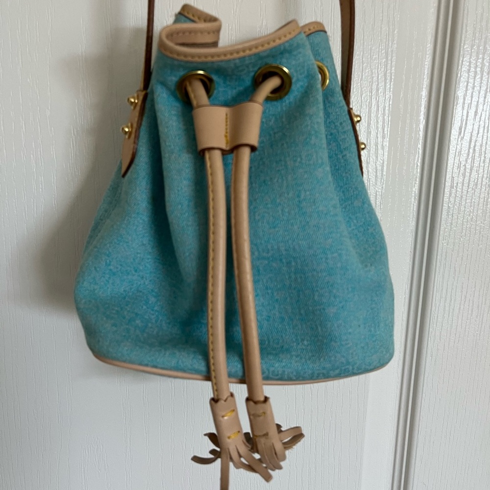 Dooney & Bourke Small Bucket Drawstring Tassel Bag Purse Baby Blue Crossbody